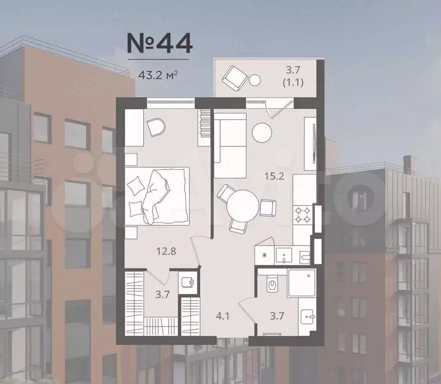 1-к. квартира, 43,2 м, 3/7 эт. - Фото 0
