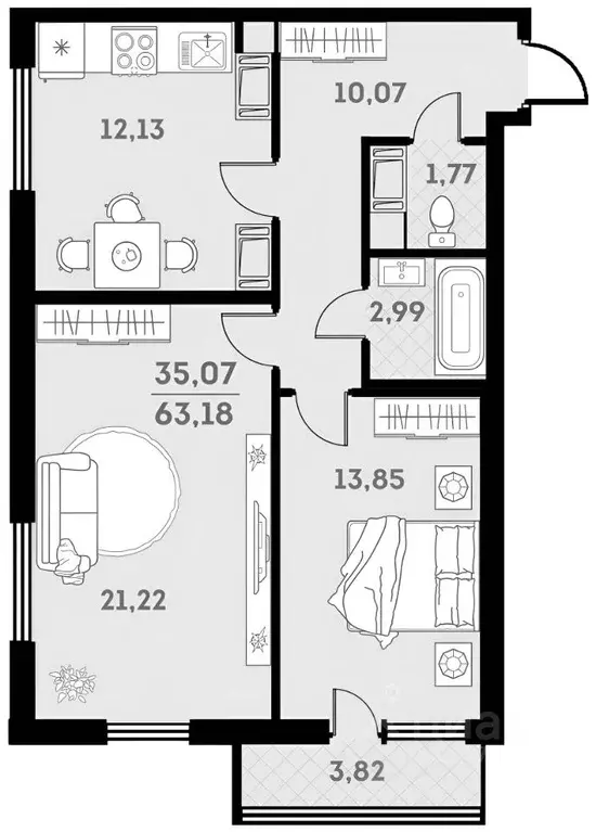 2-к кв. Санкт-Петербург ш. Суздальское, 18к2 (62.0 м) - Фото 1