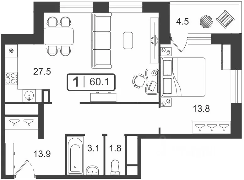 1-к кв. Тюменская область, Тюмень ул. Мельникайте, 2к18 (60.13 м) - Фото 0