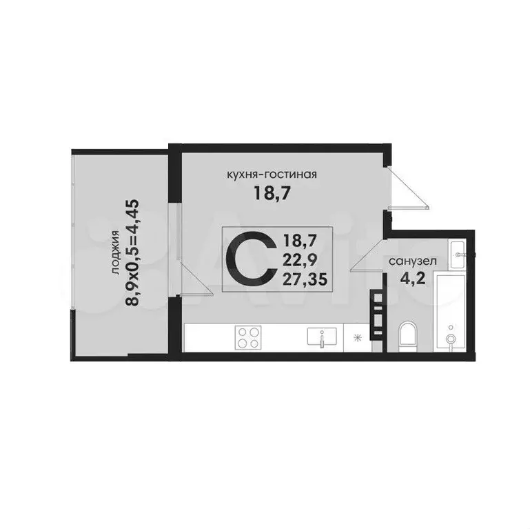 Квартира-студия, 27,4 м, 4/4 эт. - Фото 1