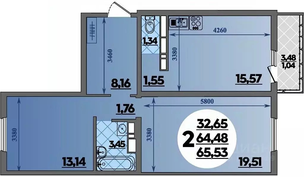 2-к кв. Адыгея, Майкоп  (65.53 м) - Фото 1