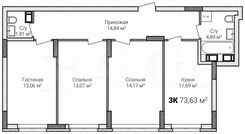 3-к. квартира, 73,6 м, 11/15 эт. - Фото 0