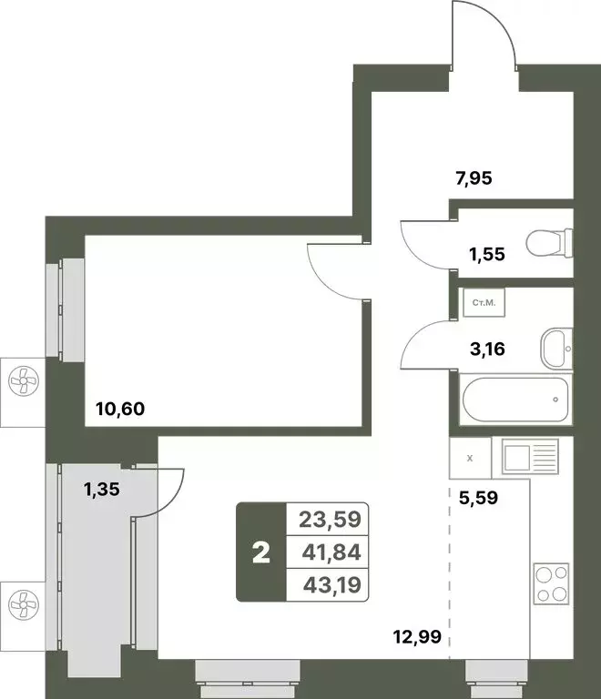 2-комнатная квартира: Уфимский район, село Миловка (43.19 м) - Фото 0