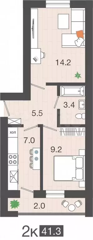 2-к. квартира, 41,3 м, 1/4 эт. - Фото 1
