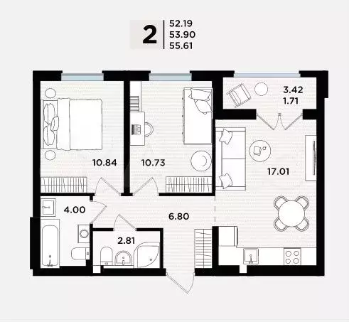 2-к. квартира, 55,6 м, 1/5 эт. - Фото 1
