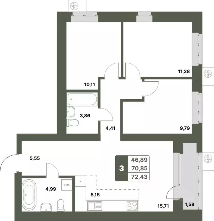 3-к кв. Башкортостан, Уфимский район, с. Миловка  (72.43 м) - Фото 0
