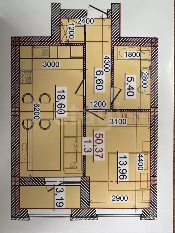 1-к кв. Северная Осетия, Владикавказ ул. Куйбышева, 77В (50.37 м) - Фото 2