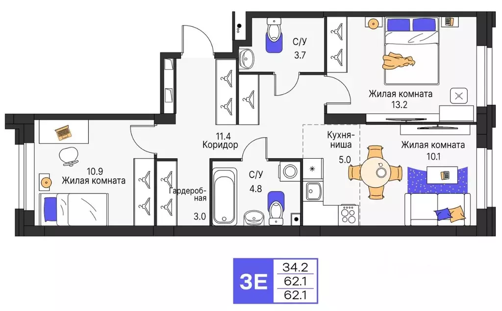 3-к кв. Пермский край, Пермь ул. Карла Модераха, 7 (62.1 м) - Фото 1