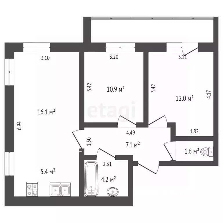 3-к кв. Коми, Сыктывкар Тентюковская ул., 300 (63.3 м) - Фото 1