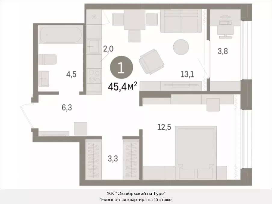 1-комнатная квартира: Тюмень, Краснооктябрьская улица, 4к3 (45.41 м) - Фото 0