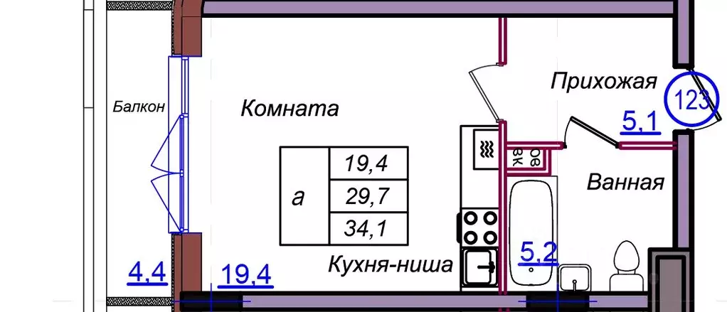 Студия Калининградская область, Светлогорск Балтийская ул. (34.1 м) - Фото 1