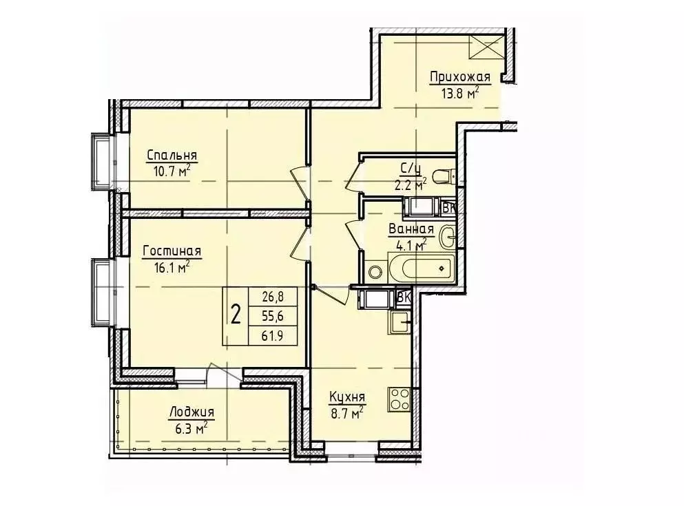 2-к кв. Московская область, Щелково пер. 1-й Советский, 20 (61.9 м) - Фото 1