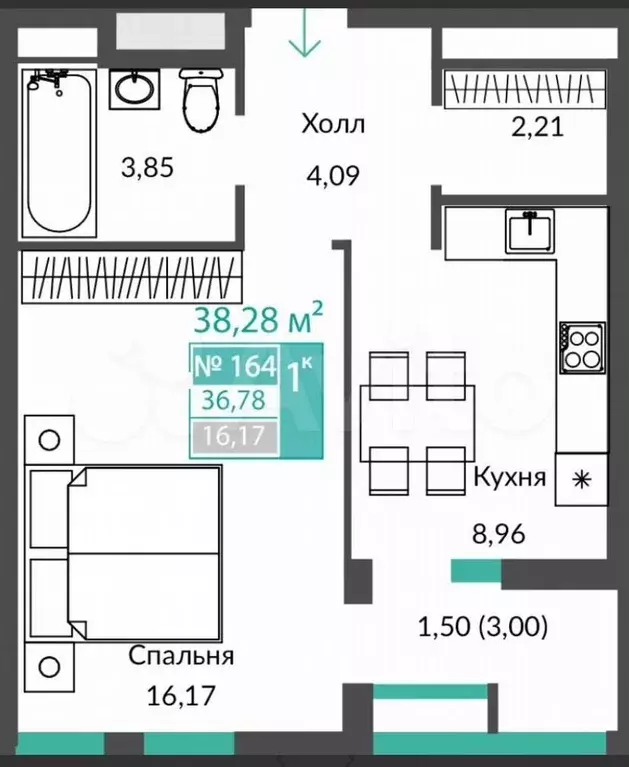 1-к. квартира, 38,8 м, 8/12 эт. - Фото 1