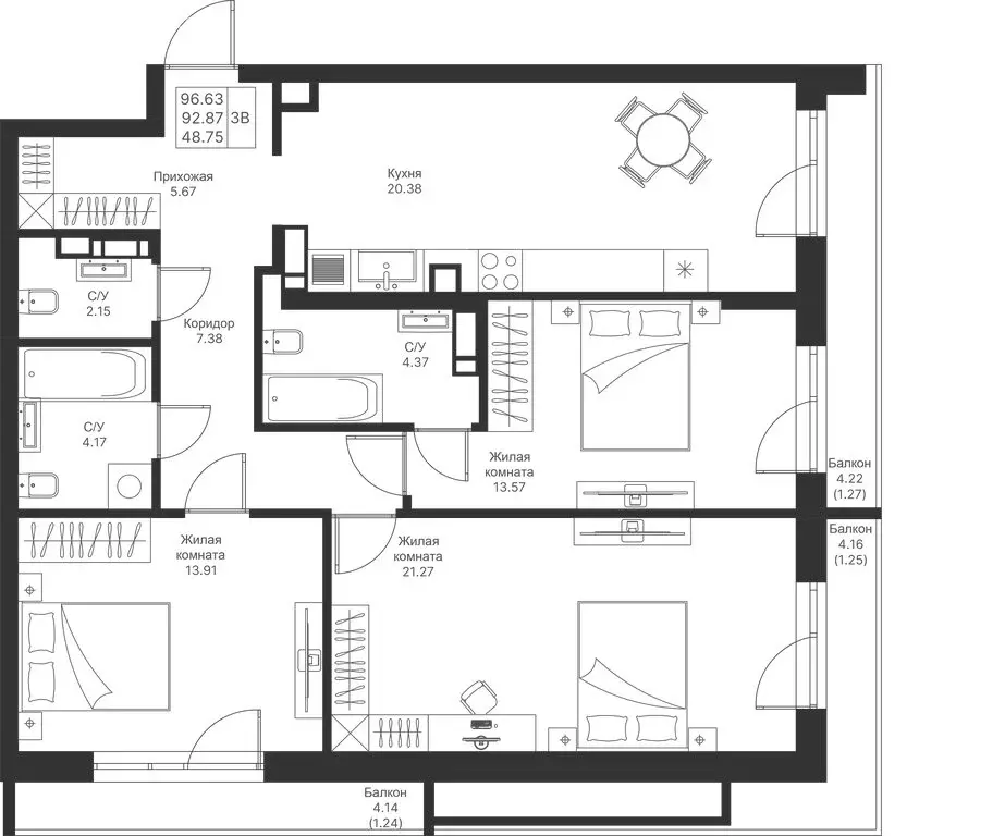 3-комнатная квартира: Казань, ЖК Мой Ритм, ПК14 (96.63 м) - Фото 0