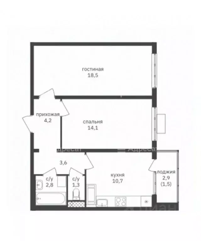 Квартира, 2 комнаты, 58.1 м - Фото 0