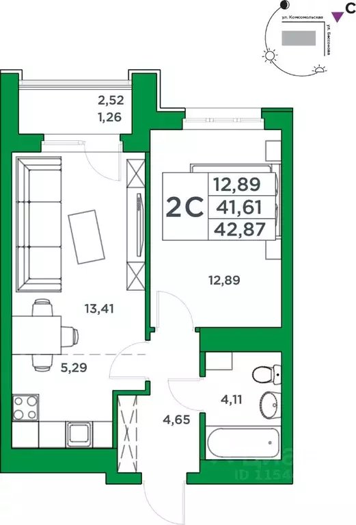 1-к кв. Башкортостан, Уфа Комсомольская ул., 8 (41.61 м) - Фото 1