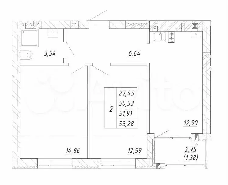 2-к. квартира, 51,9 м, 3/4 эт. - Фото 1