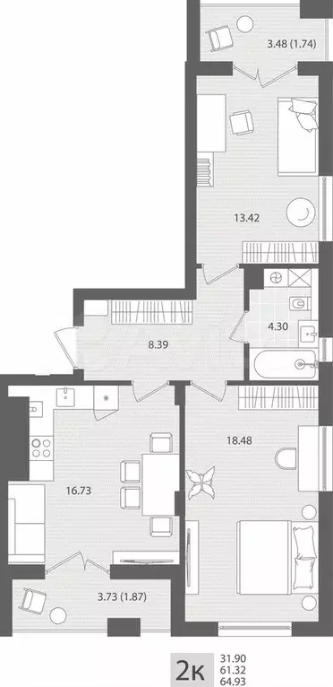 2-к. квартира, 64,9 м, 5/7 эт. - Фото 1