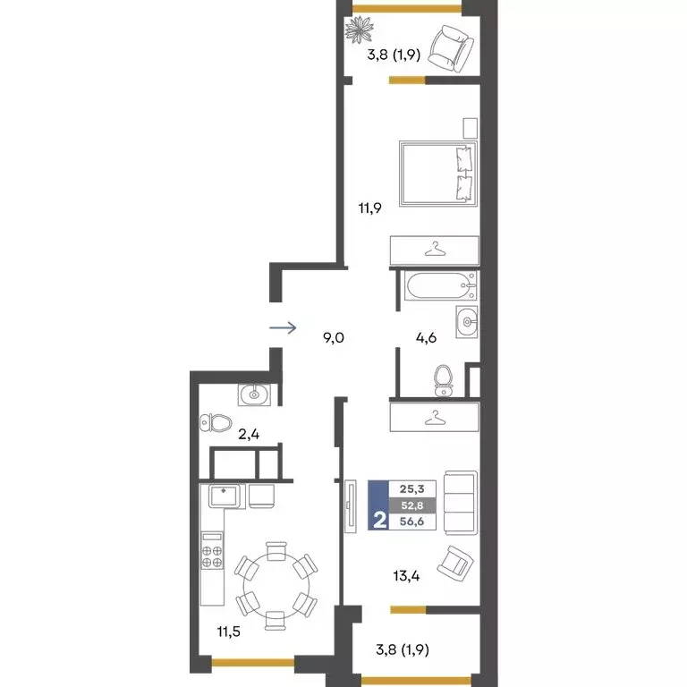 2-комнатная квартира: Перевальное, ЖК Предгорье (56.6 м) - Фото 1