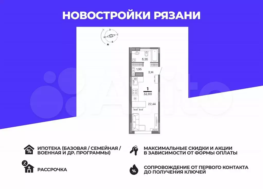 1-к. квартира, 32,9 м, 10/16 эт. - Фото 0
