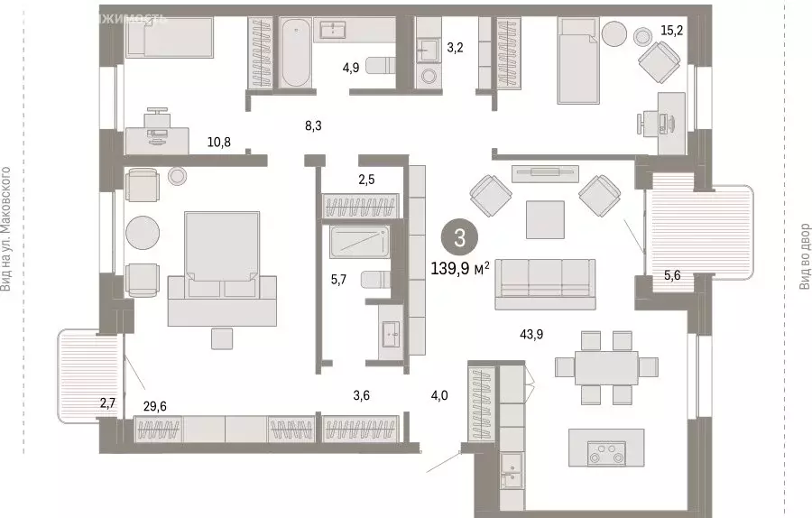 3-комнатная квартира: Новосибирск, Зыряновская улица, 53с (140.3 м) - Фото 1