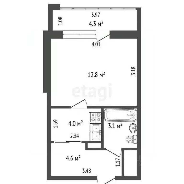 Студия Ростовская область, Ростов-на-Дону ул. Еременко, 105 (28.0 м) - Фото 2