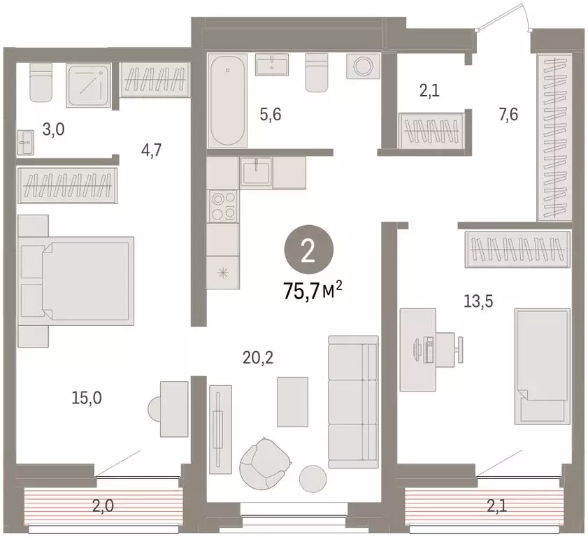 2-комнатная квартира: Тюмень, жилой комплекс Речной Порт (76.1 м) - Фото 2