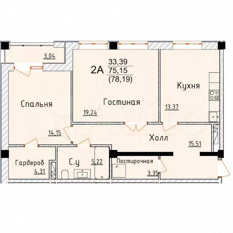 2-к. квартира, 78,2 м, 3/8 эт. - Фото 0