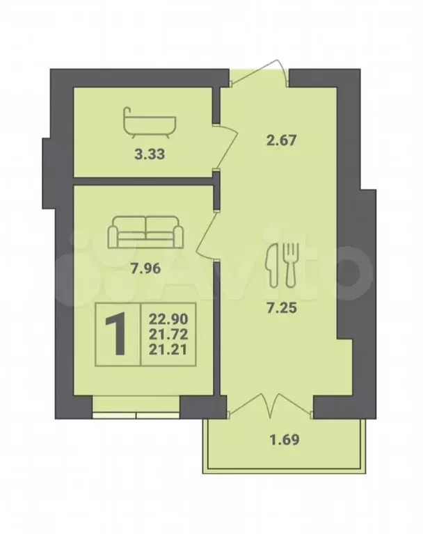 1-к. квартира, 23 м, 6/6 эт. - Фото 0
