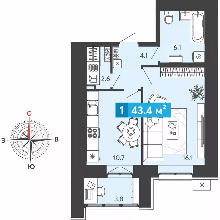 1-комнатная квартира: Засечное, микрорайон Город Спутник (43.4 м) - Фото 1