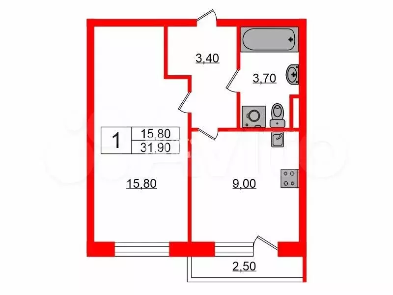 1-к. квартира, 31,9 м, 14/25 эт. - Фото 0