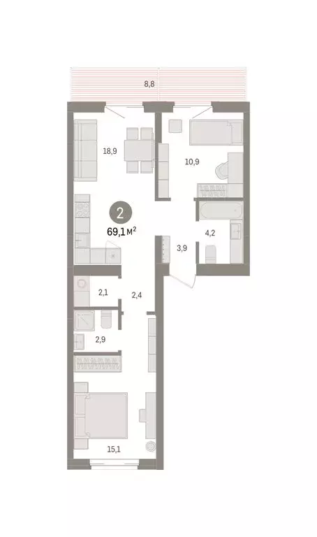 2-комнатная квартира: Омск, ЖК Кварталы Драверта (69.12 м) - Фото 2