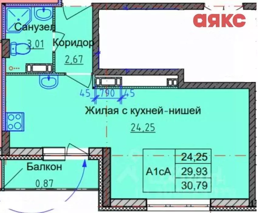 Студия Ярославская область, Ярославль ул. Брагинская, 18к3 (31.0 м) - Фото 1