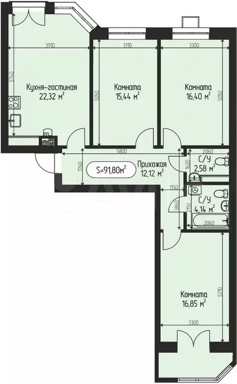 3-к. квартира, 91,8м, 4/5эт. - Фото 0