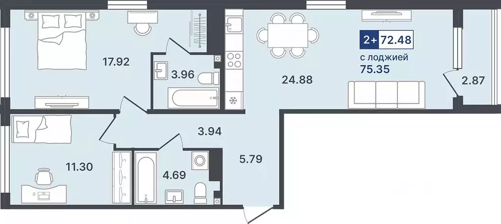 2-к кв. Тюменская область, Тюмень ул. Алексея Сергиенко, 1 (72.48 м) - Фото 1