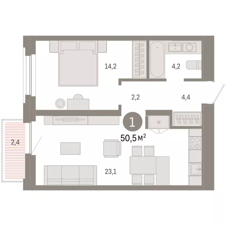 1-комнатная квартира: Тюмень, Мысовская улица, 26к2 (50.46 м) - Фото 2