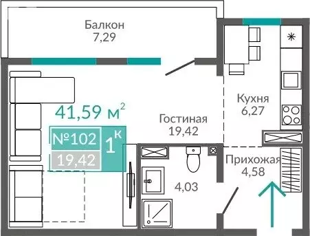 1-комнатная квартира: Евпатория, Симферопольская улица, 2Х (41.59 м) - Фото 1