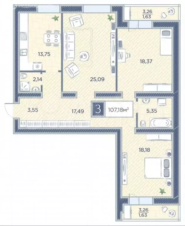 3-комнатная квартира: Красноярск, улица Петра Подзолкова, 8 (104.6 м) - Фото 1