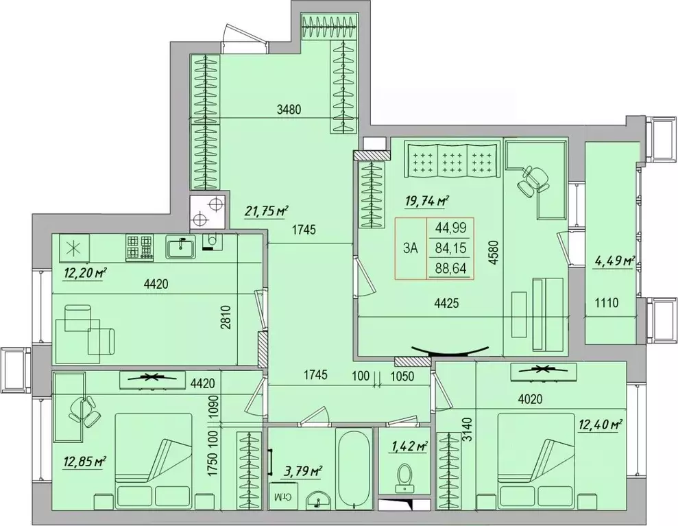 3-к кв. Белгородская область, Белгород ул. Игоря Чернухина (88.64 м) - Фото 1