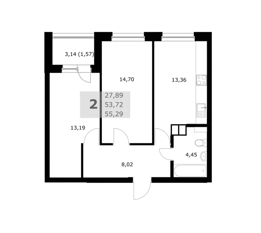 2-к квартира, 55.29 м - Фото 0
