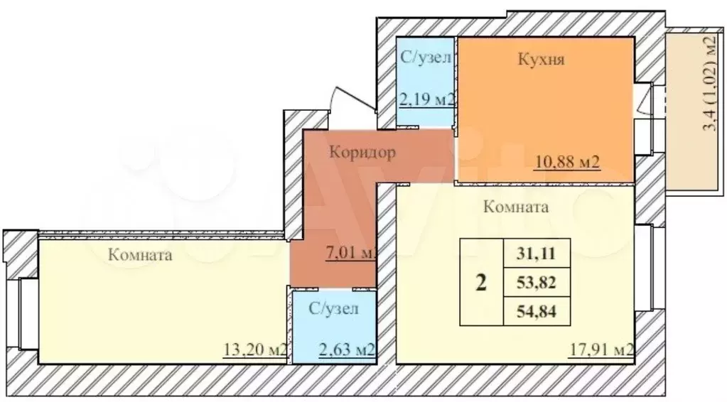 2-к. квартира, 54,8 м, 5/5 эт. - Фото 1