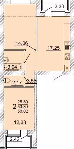 2-к. квартира, 58 м, 1/3 эт. - Фото 1
