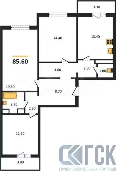 3-к. квартира, 85,6 м, 6/7 эт. - Фото 0