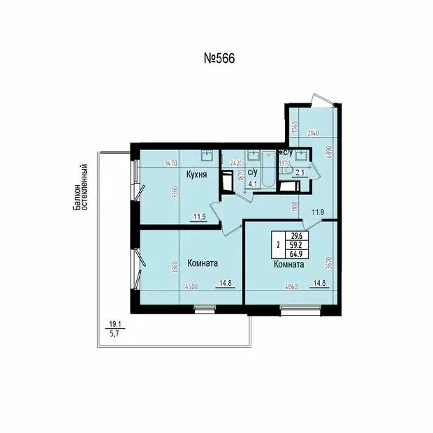 2-комнатная квартира: посёлок Парголово, Ольгинская дорога, 3/20 (64.9 ... - Фото 2