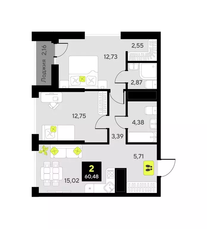 2-комнатная квартира: Тюмень, улица Андрея Приказнова, 1 (60.48 м) - Фото 0