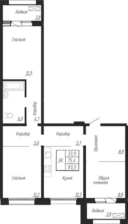 3-к квартира, 83 м - Фото 0