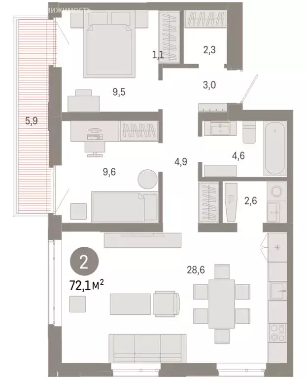2-комнатная квартира: Тюмень, улица Республики, 205к3 (72.07 м) - Фото 1