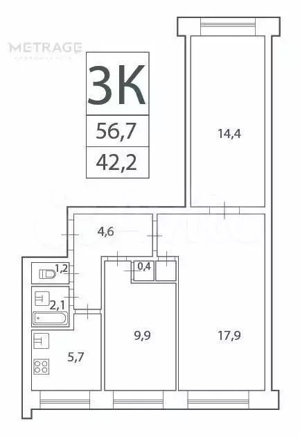 3-к. квартира, 56,7 м, 2/9 эт. - Фото 0