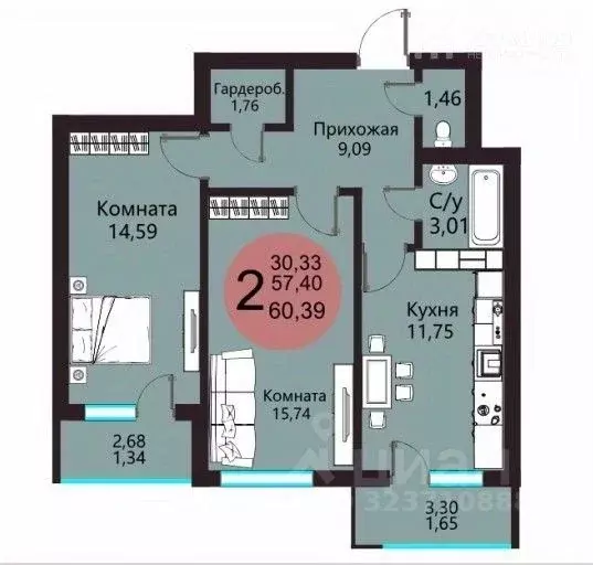 2-к кв. Воронежская область, Воронеж Острогожская ул., 156/1 (60.39 м) - Фото 2