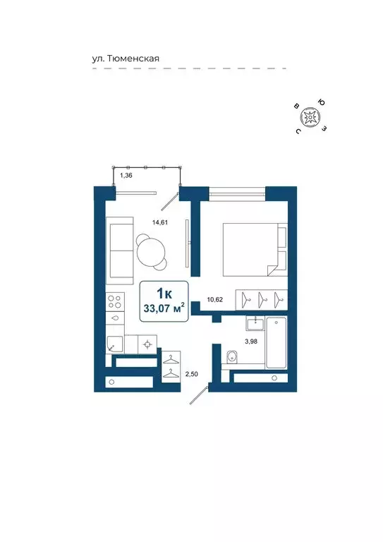 1-комнатная квартира: Дударева, ЖК Родина-2 (33.07 м) - Фото 0
